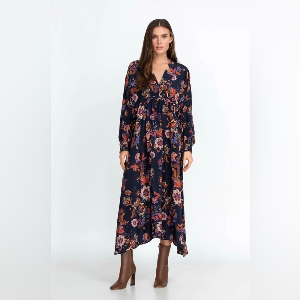 NWOT Johnny Was Athena Floral Print Blouson Sleeve Midi Dress Size Small.
